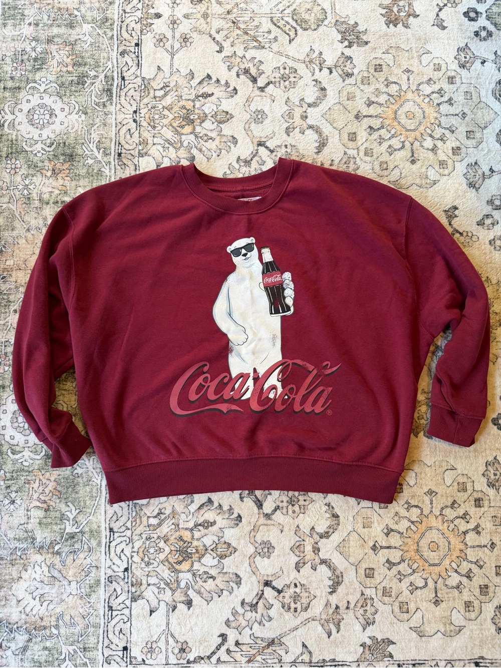 Coca Cola Maroon Women's Crewneck Sweatshirt with Polar Bear Graphic